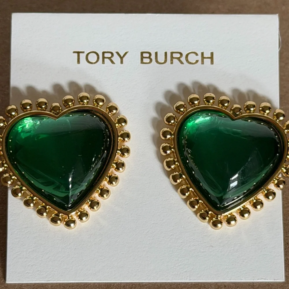Tory Burch Green and Gold Heart logo stud  Earrings - Picture 7 of 9